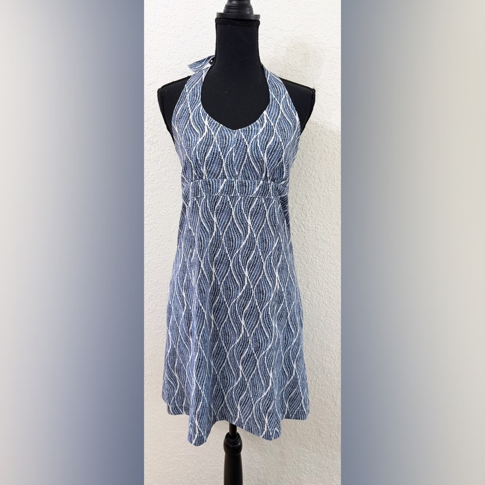 Krimson Klover Piper Geo Print Halter Dress Blue and White Built in Bra - S